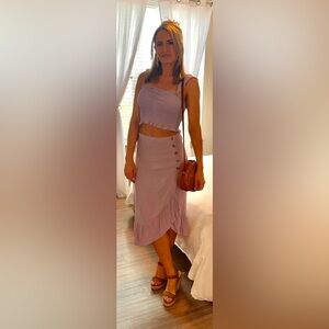 Elegant Lavender Two Piece Button-Detail wrap Skirt with ruched top